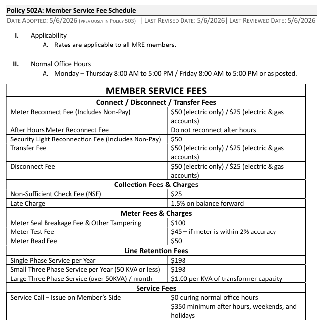 After Hours Fee Schedule 